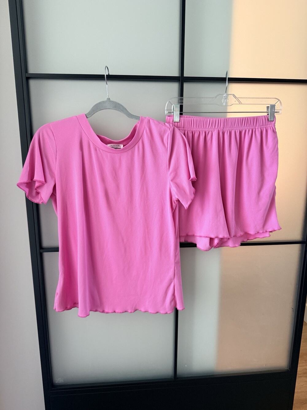 Ekouaer 2 Pc Lounge Set Women’s Small Pink Ribbed Shorts Pockets Pajama